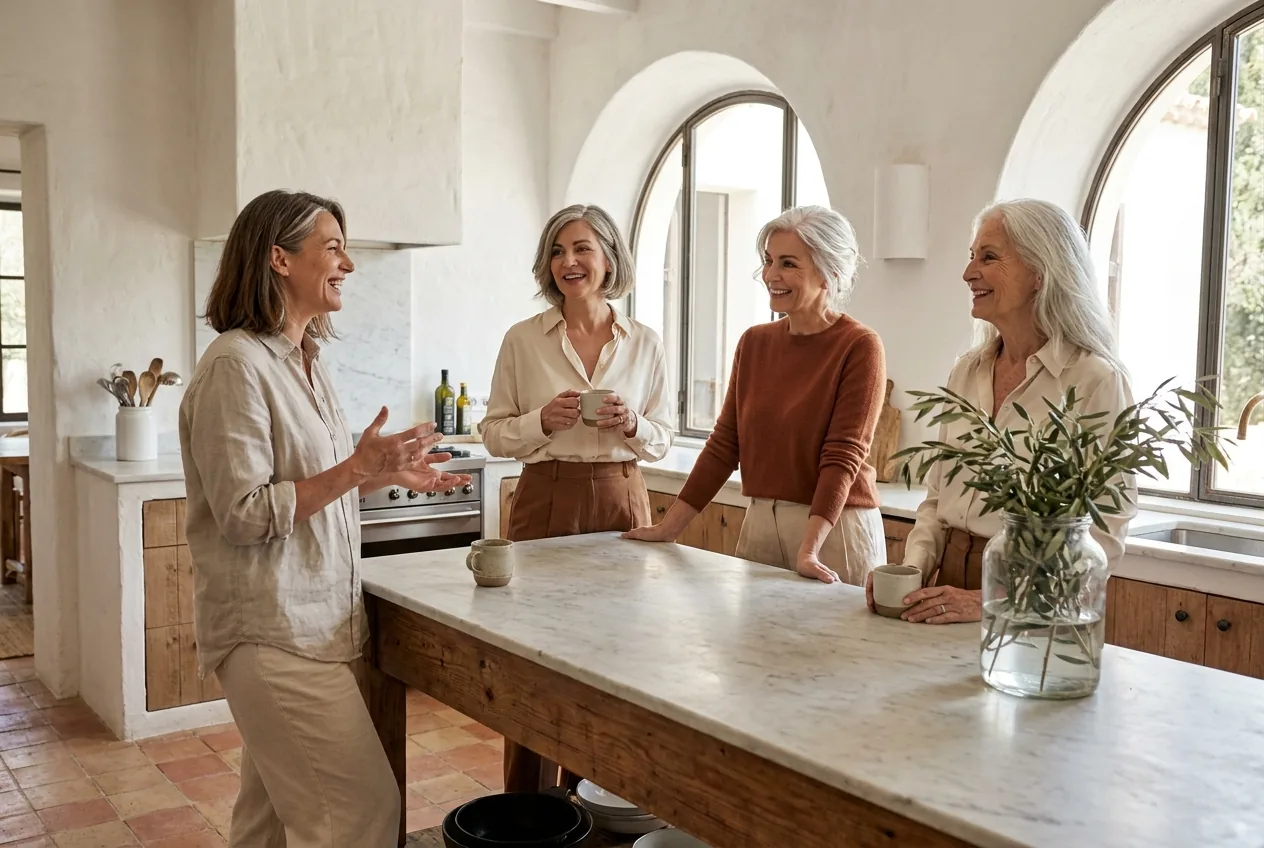 Eleanor (47, peri), Frances (51), Marianne (56), and Dr. Helena Cross (60, our trichologist) — Project The Reset.